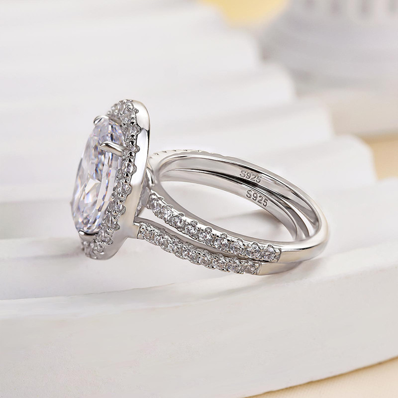 Oval Cut Diamond White Sterling Silver Halo Ring Set