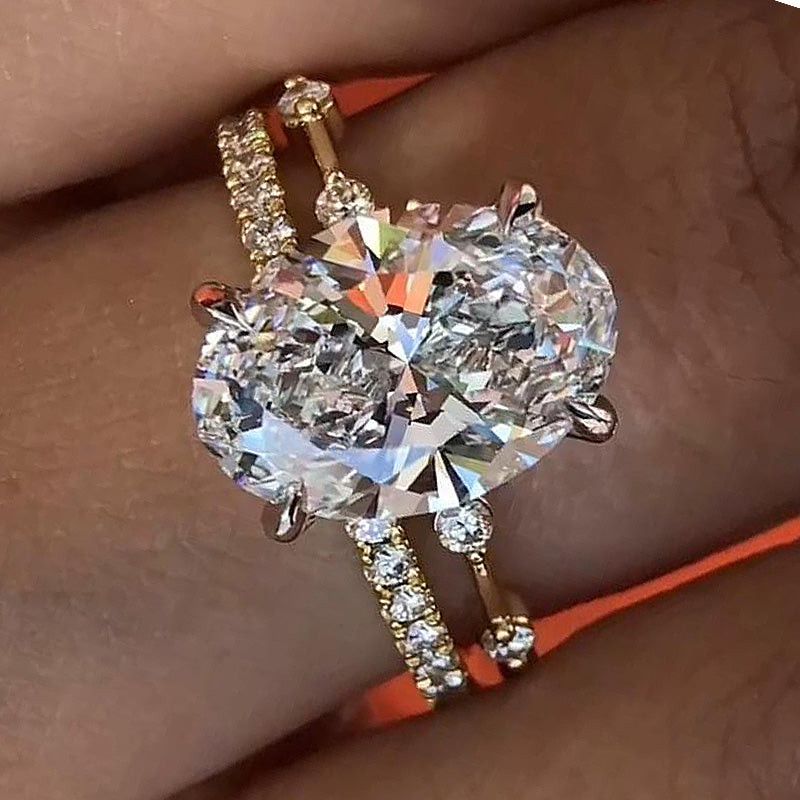 Oval Cut Diamond White Sterling Silver Yellow Gold Ring Set