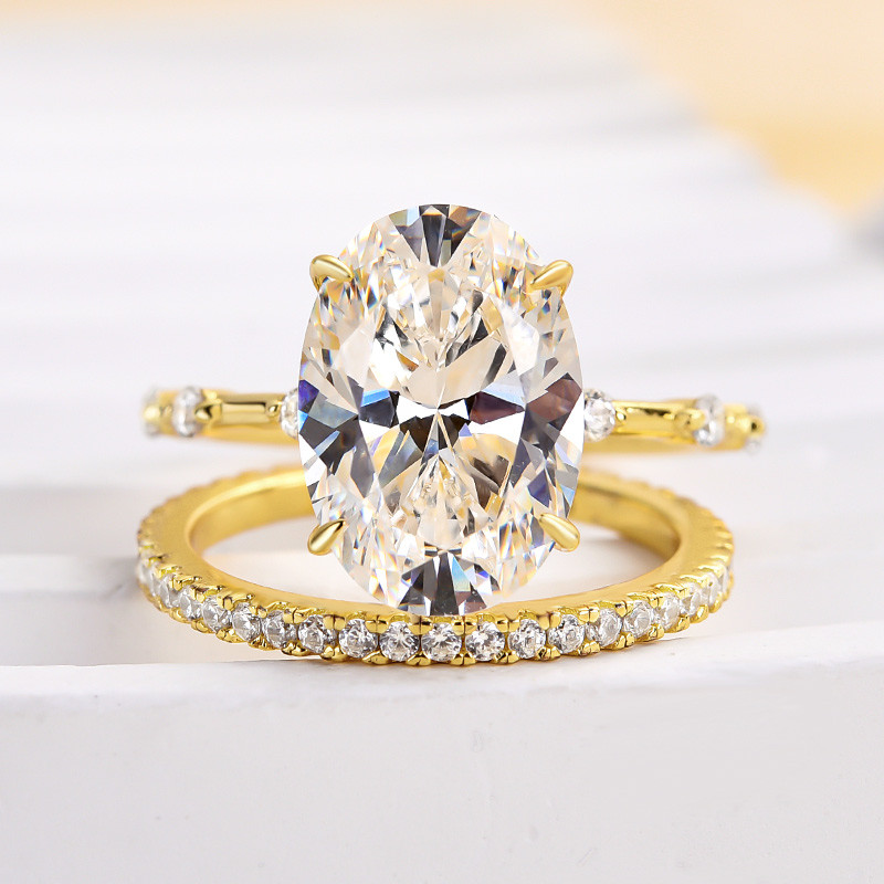 Oval Cut Diamond White Sterling Silver Yellow Gold Ring Set