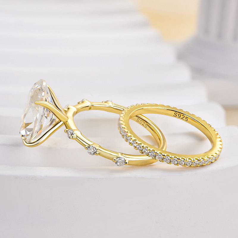 Oval Cut Diamond White Sterling Silver Yellow Gold Ring Set