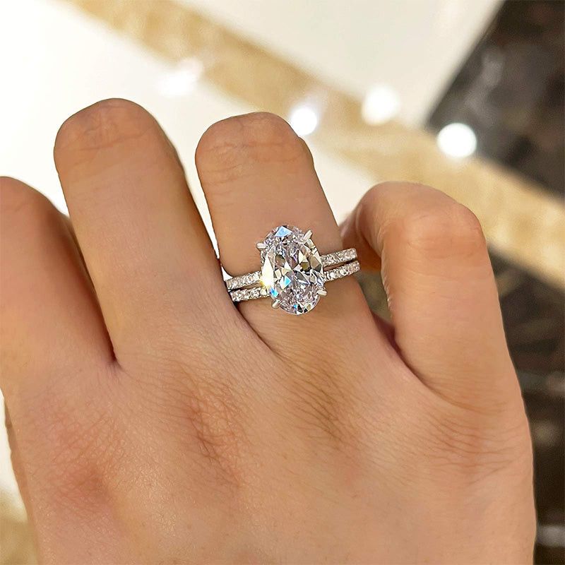 Oval Cut Diamond White Sterling Silver Classic Ring Set