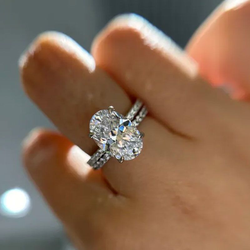 Oval Cut Diamond White Sterling Silver Classic Ring Set