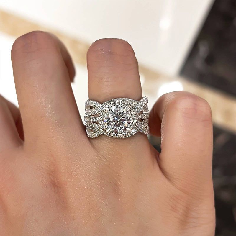 Round Cut Diamond White Sterling Silver Insert Halo Ring Set