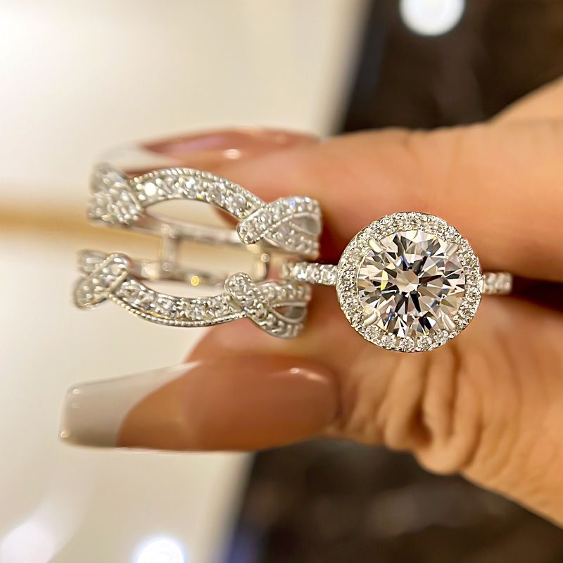 Round Cut Diamond White Sterling Silver Insert Halo Ring Set