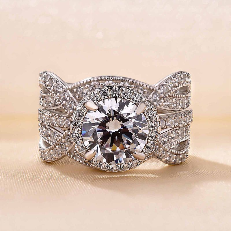 Round Cut Diamond White Sterling Silver Insert Halo Ring Set