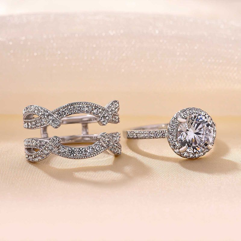 Round Cut Diamond White Sterling Silver Insert Halo Ring Set