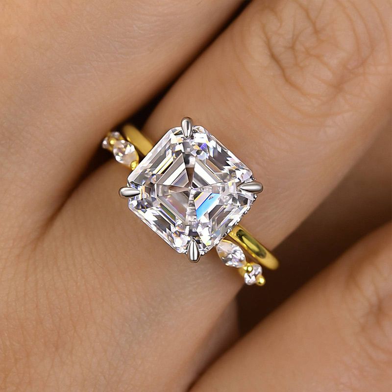 Asscher Cut Diamond White Sterling Silver Yellow Gold Solitaire Ring Set