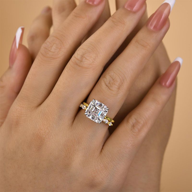 Asscher Cut Diamond White Sterling Silver Yellow Gold Solitaire Ring Set