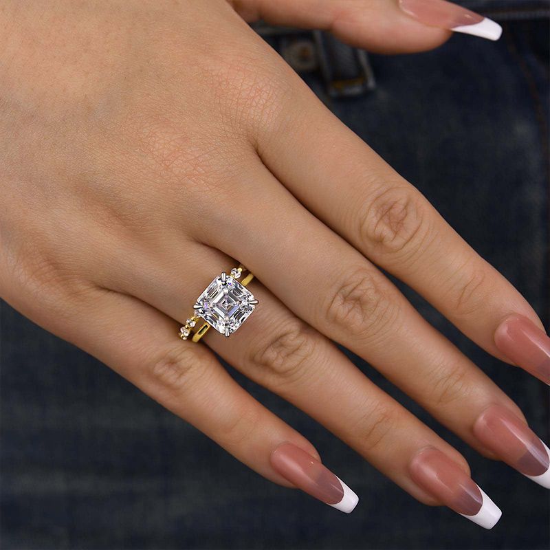 Asscher Cut Diamond White Sterling Silver Yellow Gold Solitaire Ring Set