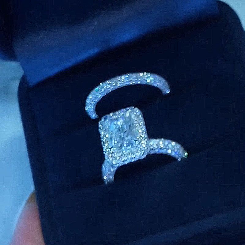 Radiant Cut Diamond White Sterling Silver Halo Ring Set