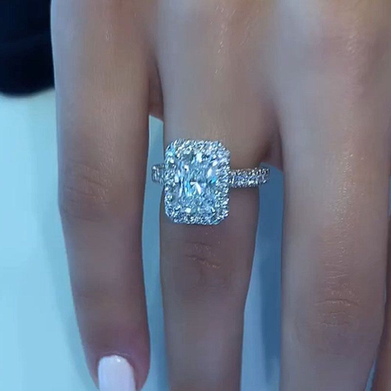 Radiant Cut Diamond White Sterling Silver Halo Ring Set