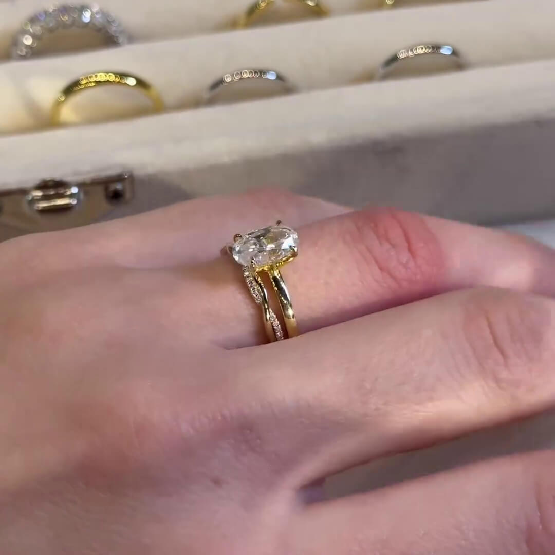 Oval Cut Diamond White Sterling Silver Yellow Gold Solitaire Ring Set