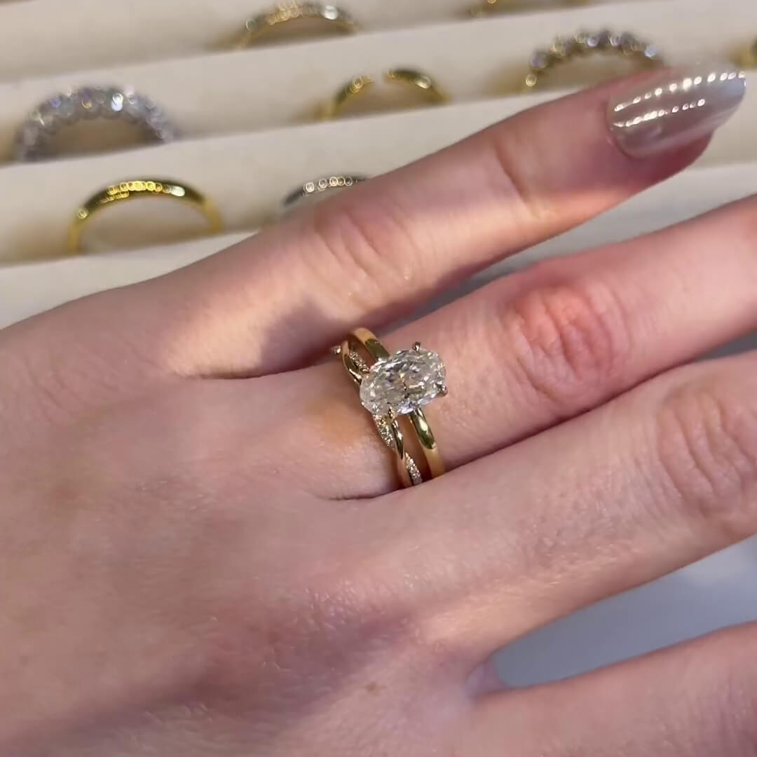 Oval Cut Diamond White Sterling Silver Yellow Gold Solitaire Ring Set