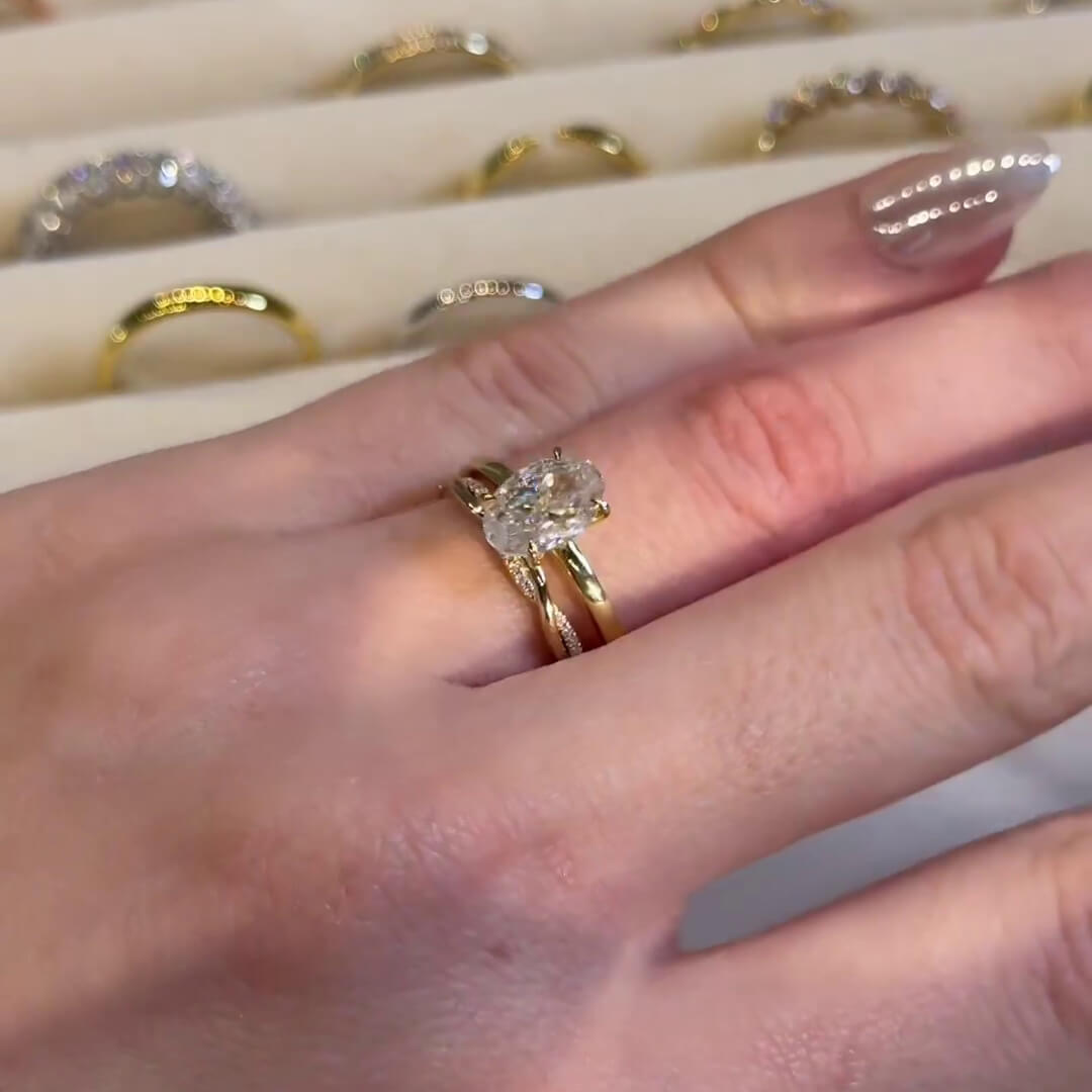 Oval Cut Diamond White Sterling Silver Yellow Gold Solitaire Ring Set