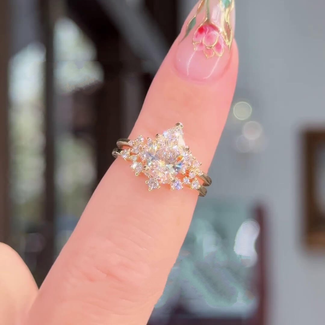 Pear Cut Diamond White Sterling Silver Yellow Gold Halo Bridal Sets