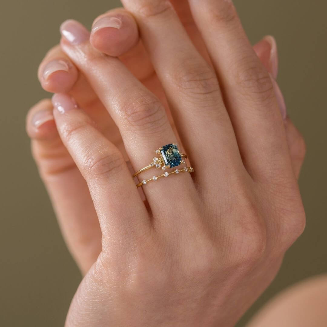 Emerald Cut Sapphire Blue Sterling Silver Yellow Gold Halo Bridal Sets