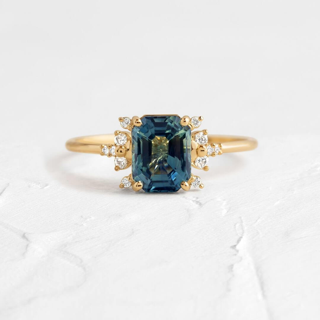 Emerald Cut Sapphire Blue Sterling Silver Yellow Gold Halo Bridal Sets