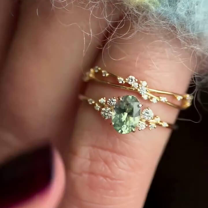 Oval Cut Peridot Green Sterling Silver Yellow Gold Bridal Sets