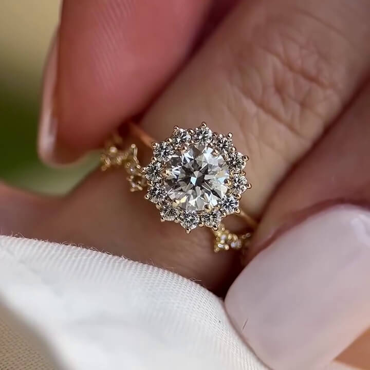 Round Cut Diamond White Sterling Silver Yellow Gold Halo Bridal Sets