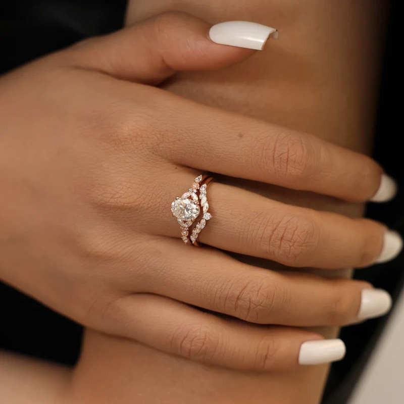 Oval Cut Diamond White Sterling Silver Rose Gold Bridal Sets