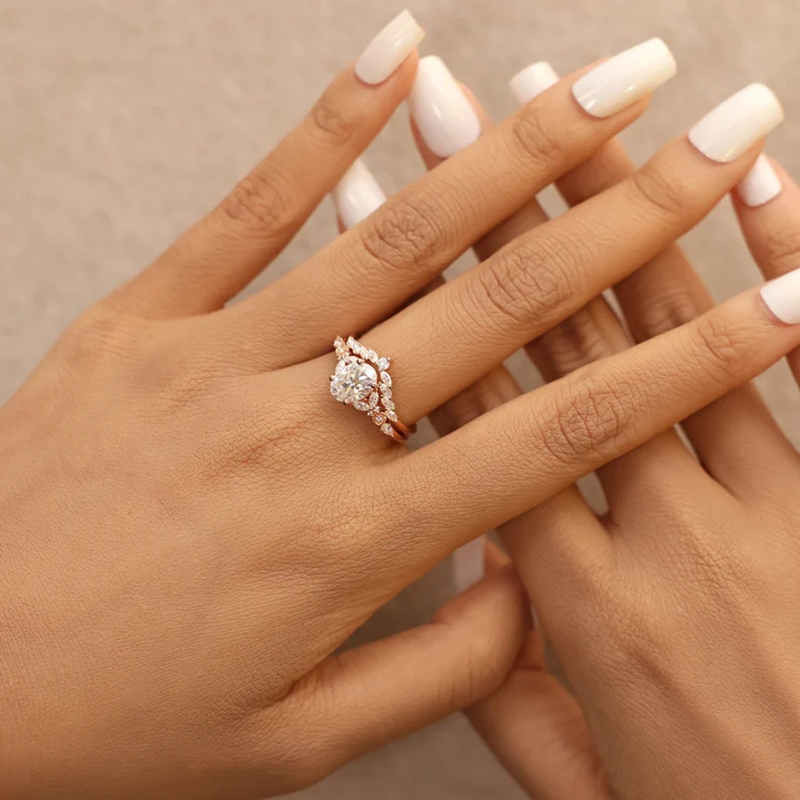 Oval Cut Diamond White Sterling Silver Rose Gold Bridal Sets