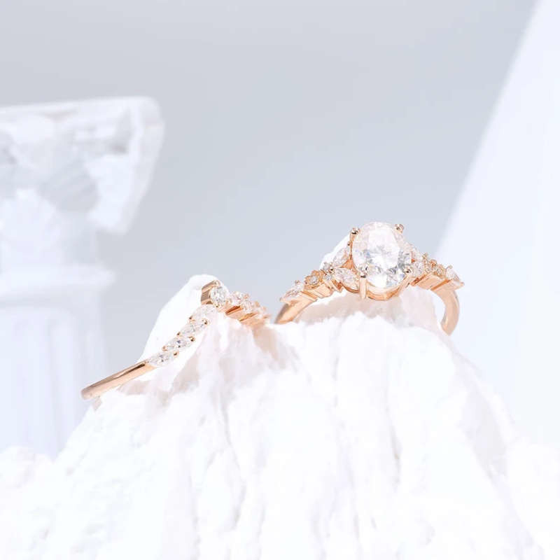 Oval Cut Diamond White Sterling Silver Rose Gold Bridal Sets