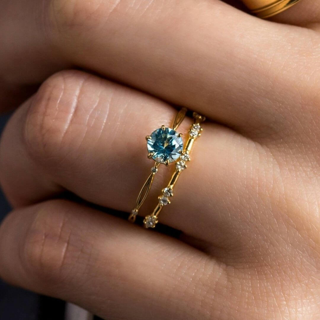 Round Cut Aquamarine Blue Sterling Silver Yellow Gold Bridal Sets