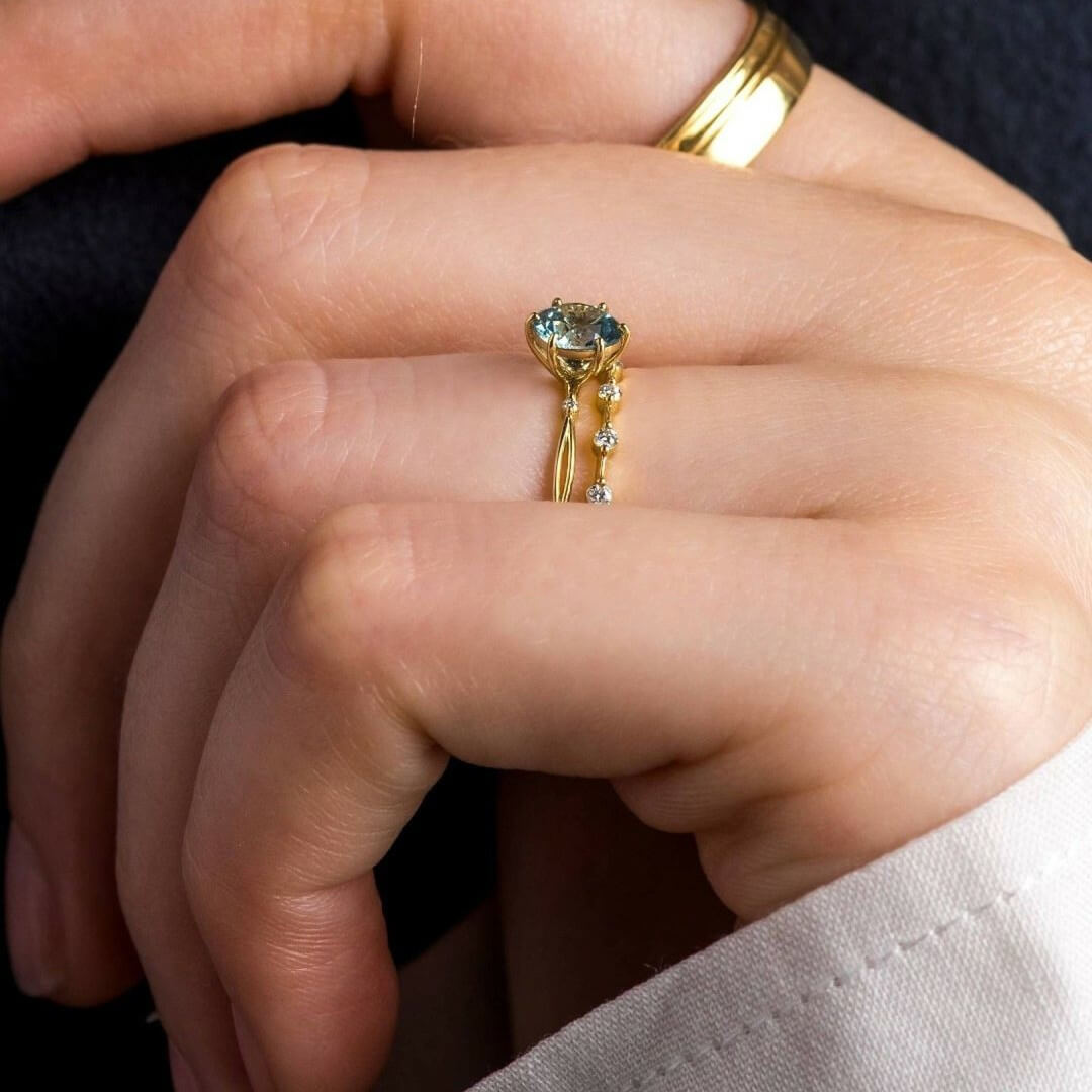 Round Cut Aquamarine Blue Sterling Silver Yellow Gold Bridal Sets