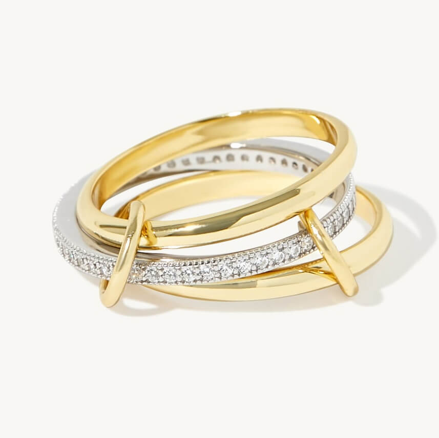 Round Cut Diamond White Sterling Silver Two-tone Connected Linked Interlocking Spinner Ring