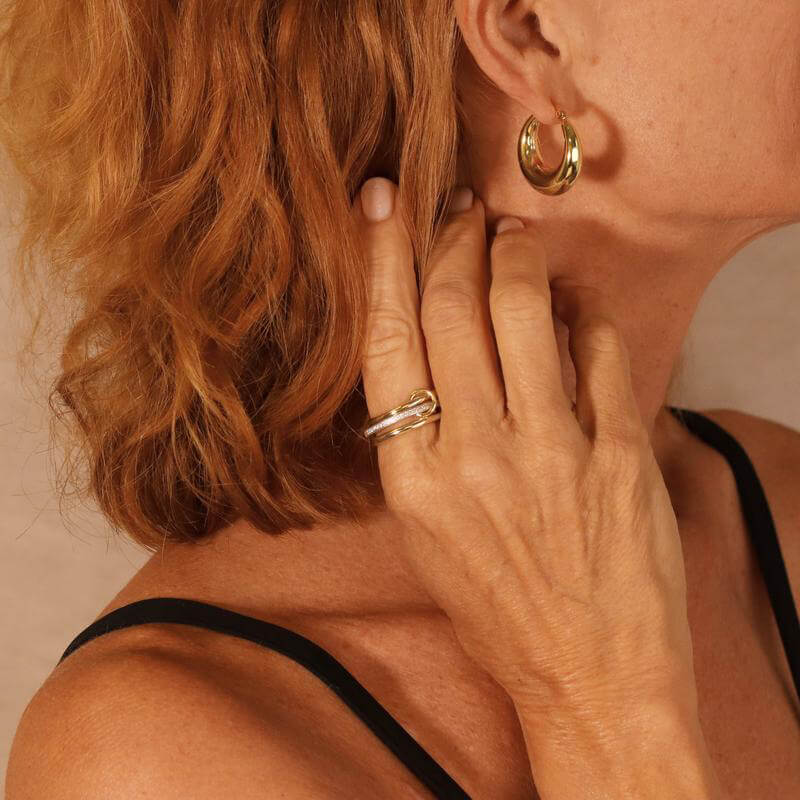 Round Cut Diamond White Sterling Silver Two-tone Connected Linked Interlocking Spinner Ring