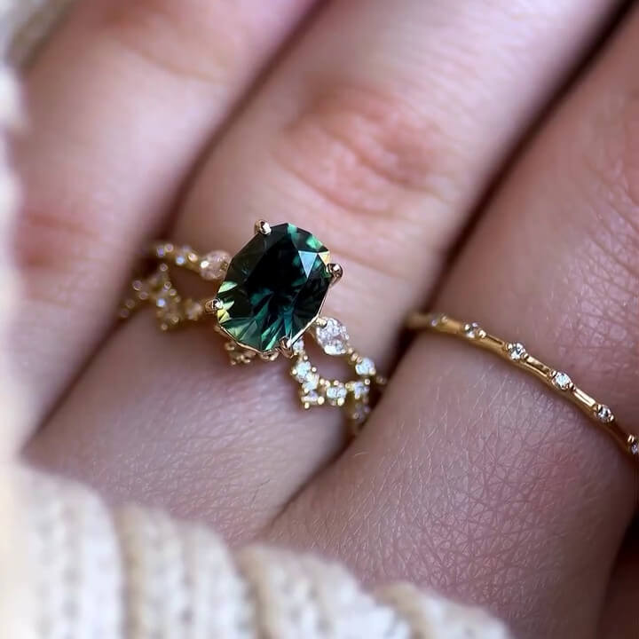 Oval Cut Emerald Green Sterling Silver Yellow Gold Bridal Sets