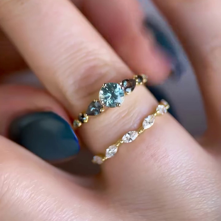 Round Cut Aquamarine Blue Sterling Silver Yellow Gold Bridal Sets