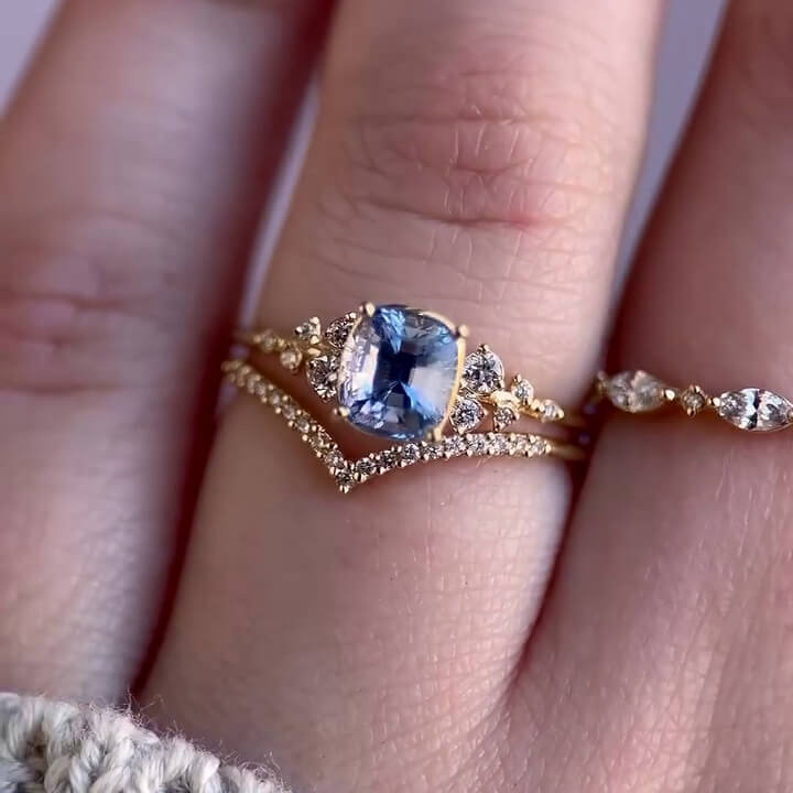 Cushion Cut Aquamarine Blue Sterling Silver Yellow Gold Bridal Sets