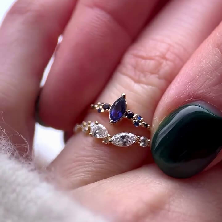 Marquise Cut Sapphire Blue Sterling Silver Yellow Gold Bridal Sets