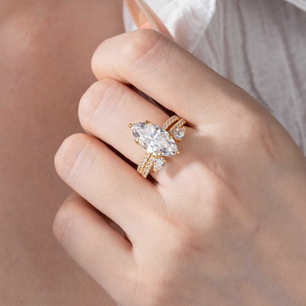 Marquise Cut Diamond White Sterling Silver Yellow Gold Insert Wedding Ring Set