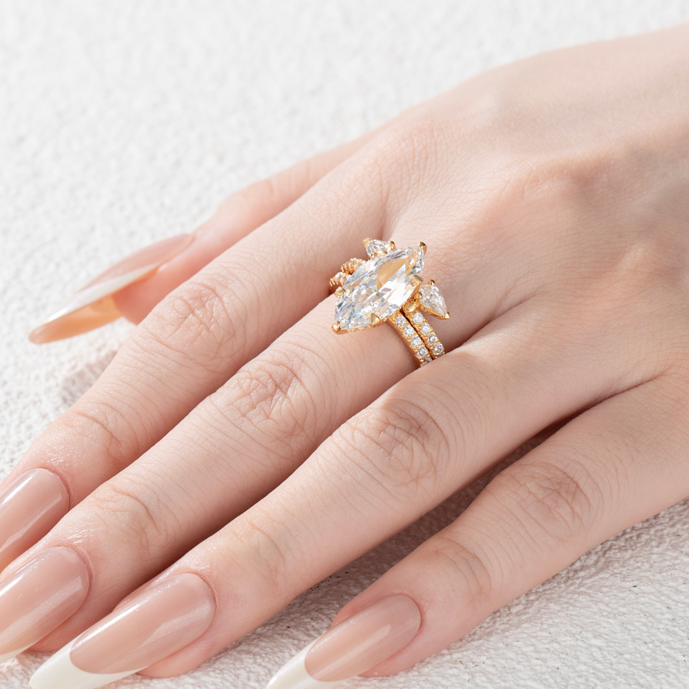 Marquise Cut Diamond White Sterling Silver Yellow Gold Insert Wedding Ring Set