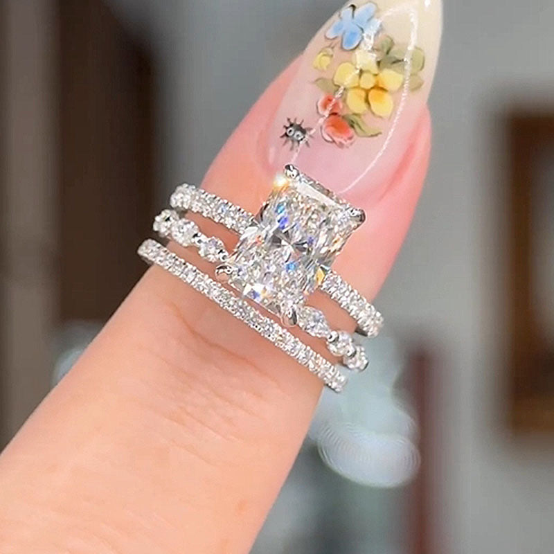 Radiant Cut Diamond White Sterling Silver Available in 3 Colors 3-Piece Wedding Ring Set