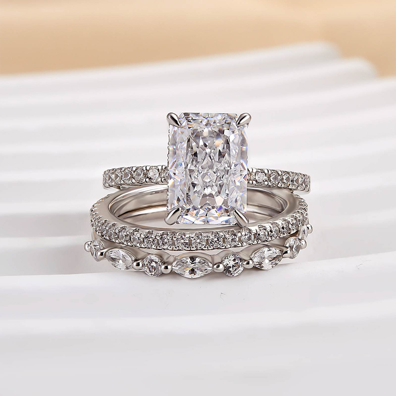 Radiant Cut Diamond White Sterling Silver Available in 3 Colors 3-Piece Wedding Ring Set