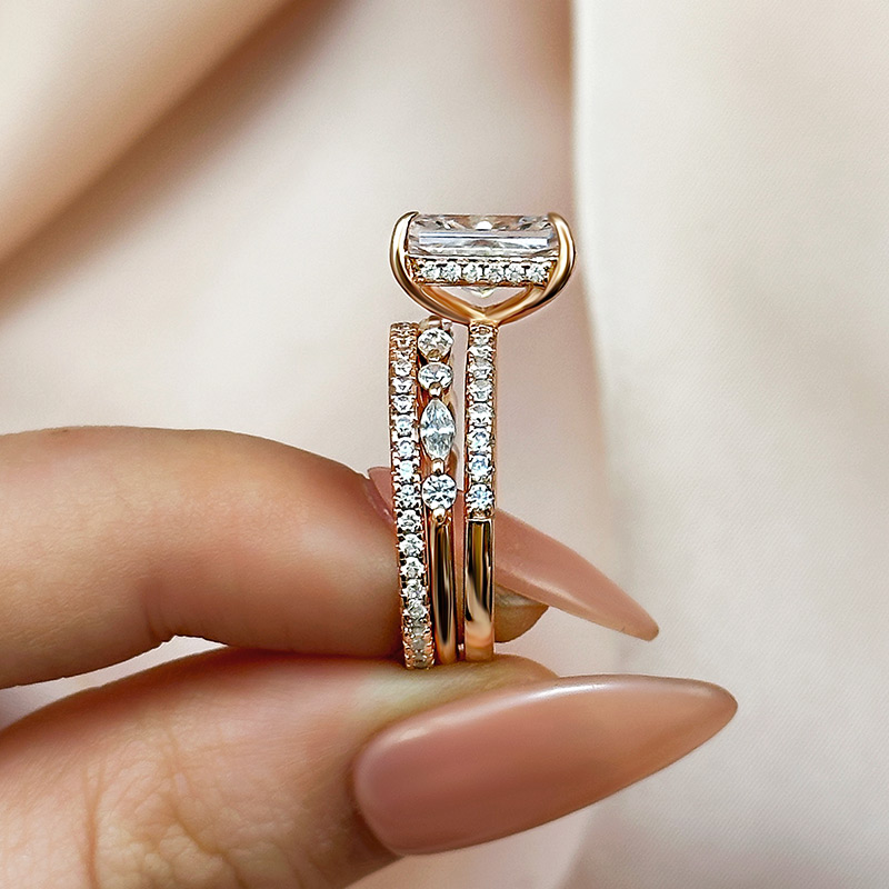 Radiant Cut Diamond White Sterling Silver Available in 3 Colors 3-Piece Wedding Ring Set