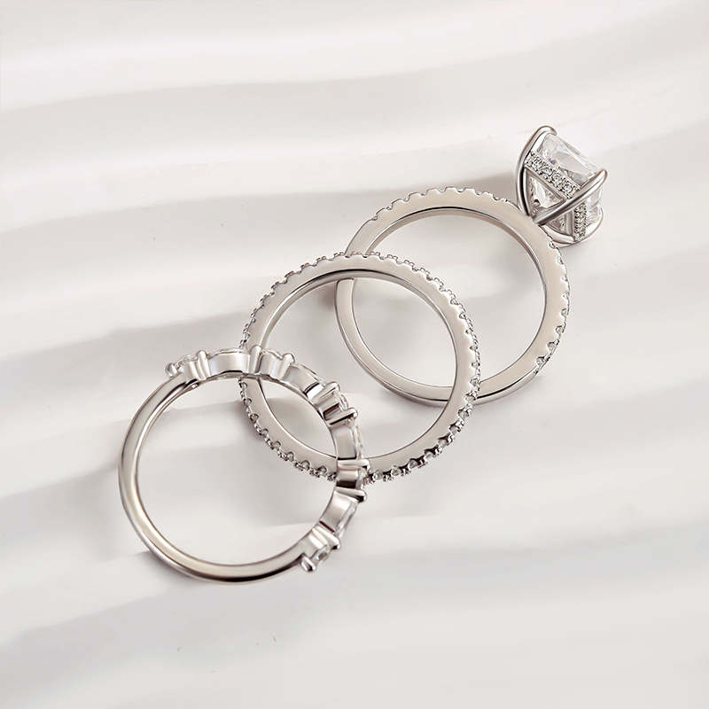Radiant Cut Diamond White Sterling Silver Available in 3 Colors 3-Piece Wedding Ring Set