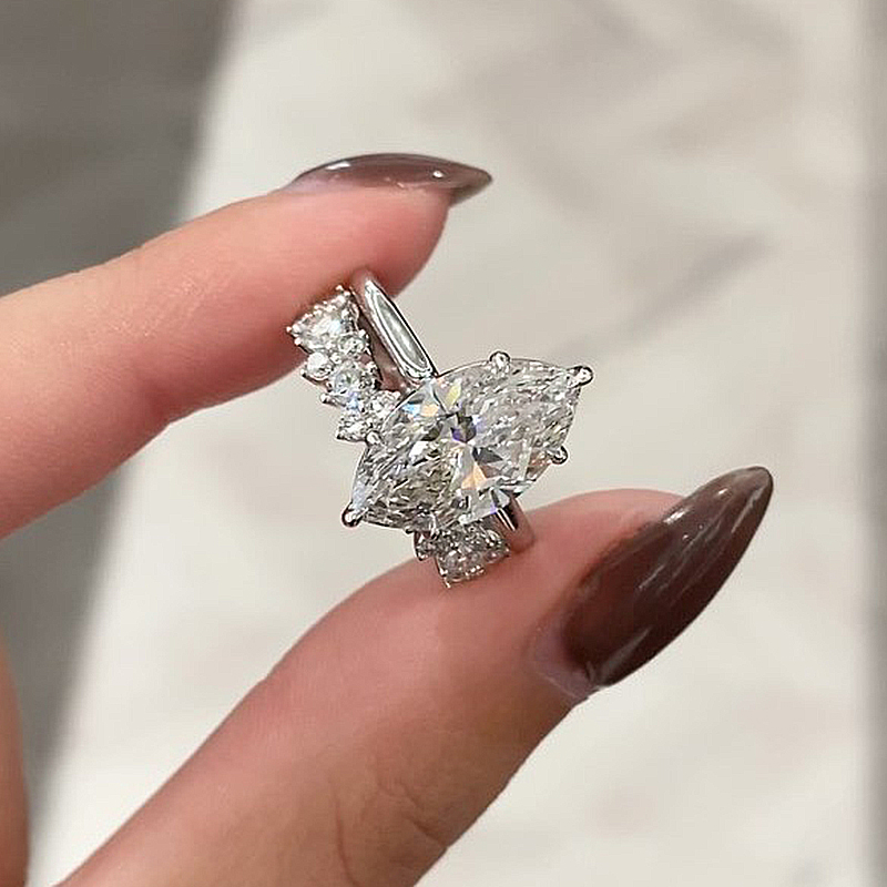 Marquise Cut Diamond White Sterling Silver Available in 3 Colors Halo Wedding Ring Set