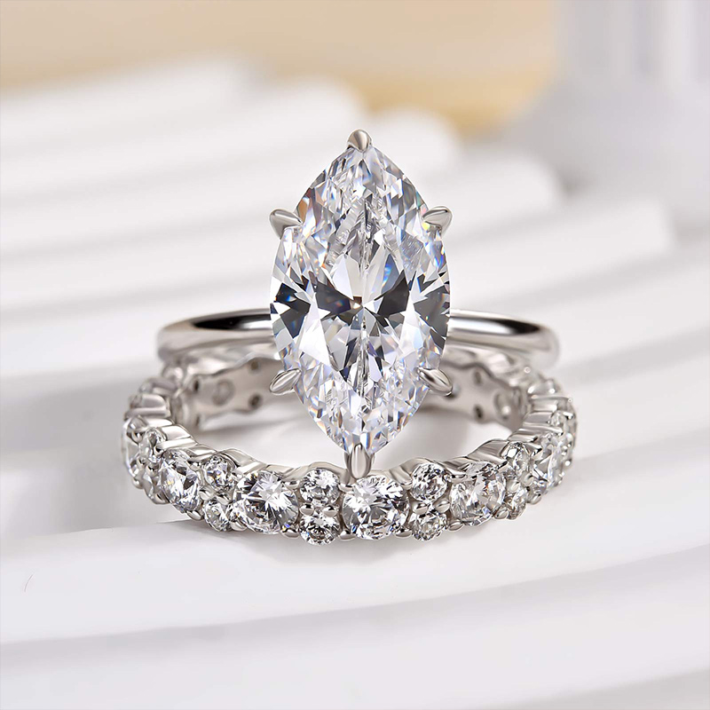 Marquise Cut Diamond White Sterling Silver Available in 3 Colors Halo Wedding Ring Set