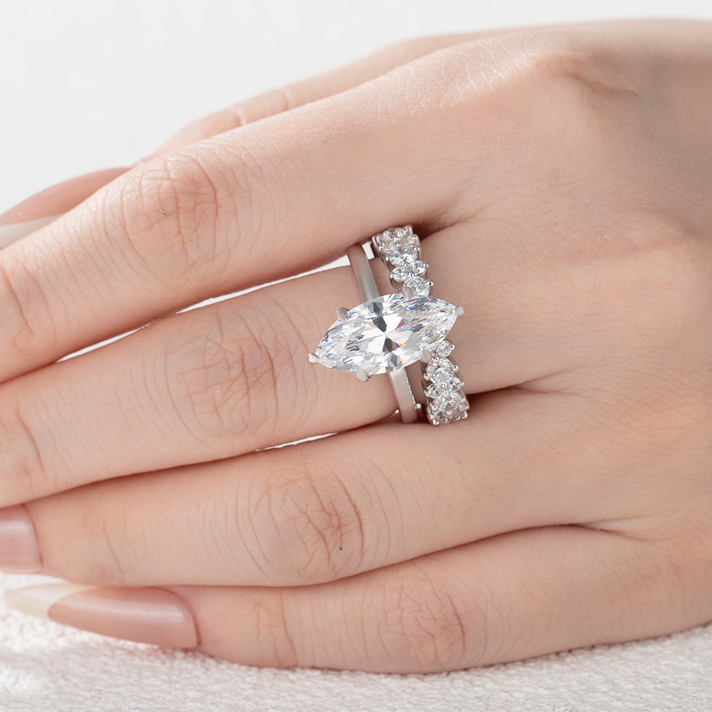Marquise Cut Diamond White Sterling Silver Available in 3 Colors Halo Wedding Ring Set