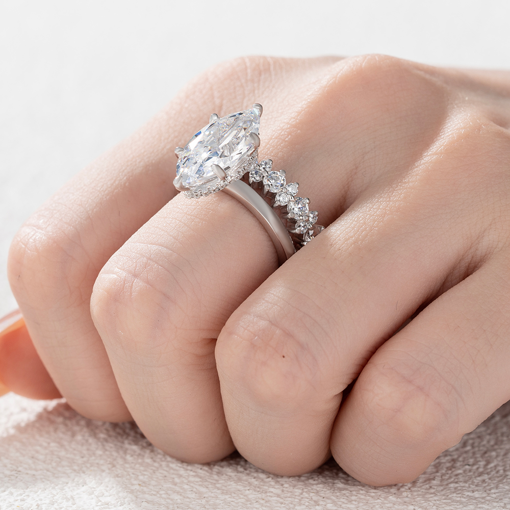 Marquise Cut Diamond White Sterling Silver Available in 3 Colors Halo Wedding Ring Set