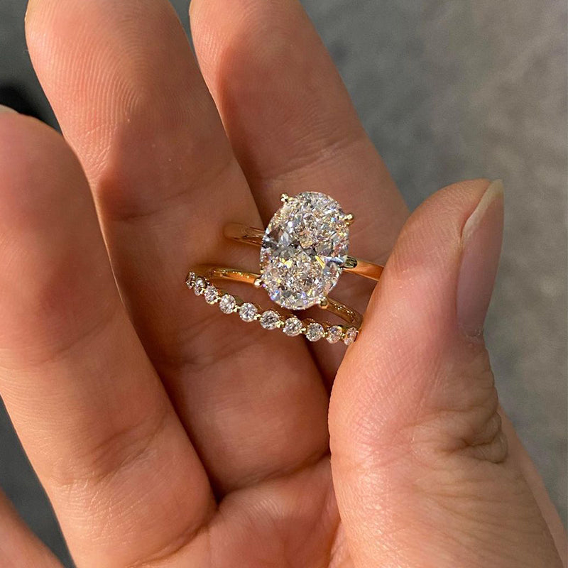 Oval Cut Diamond White Sterling Silver Yellow Gold Halo Wedding Ring Set