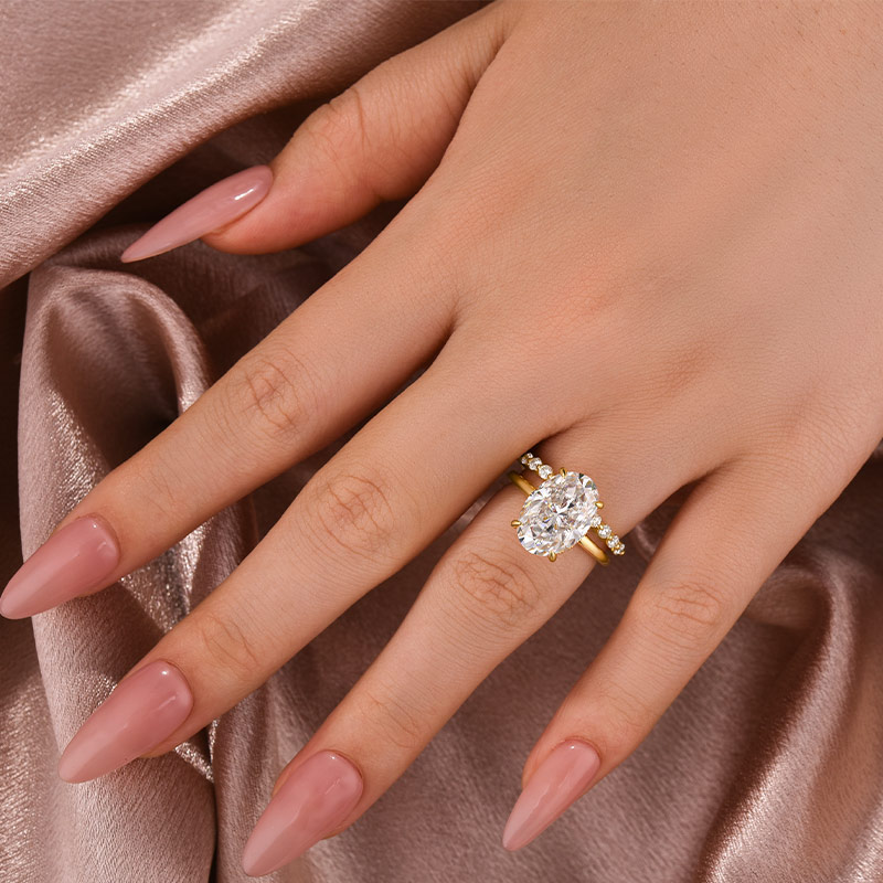 Oval Cut Diamond White Sterling Silver Yellow Gold Halo Wedding Ring Set