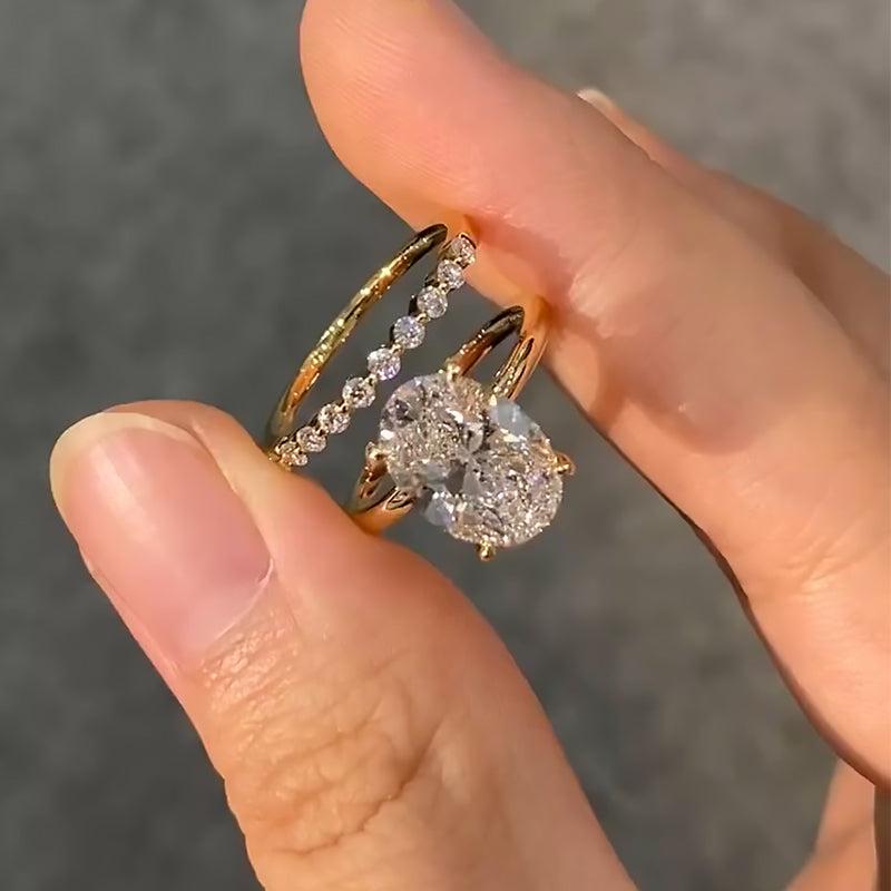 Oval Cut Diamond White Sterling Silver Yellow Gold Halo Wedding Ring Set