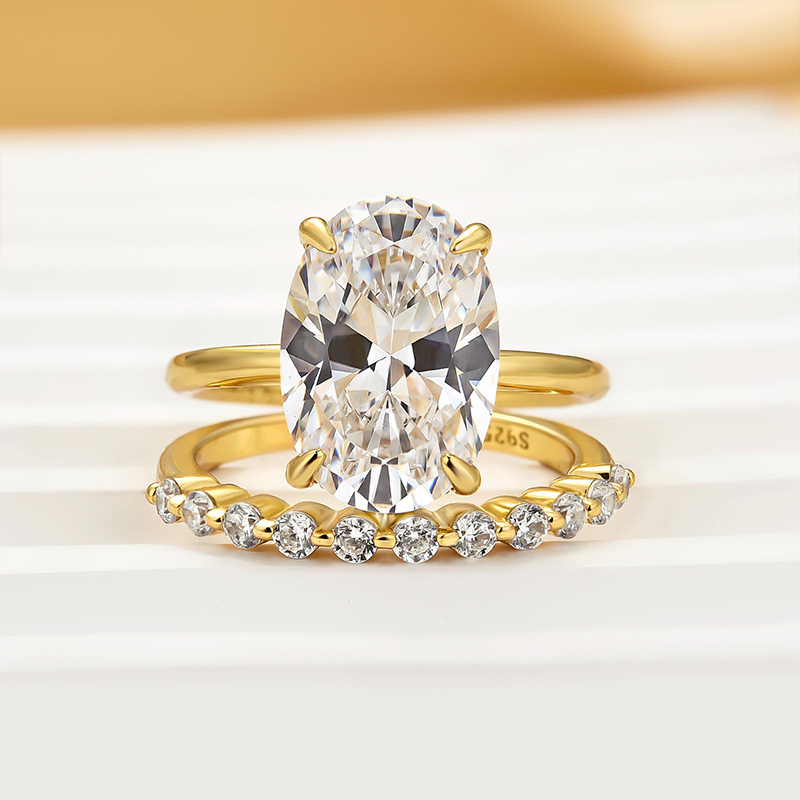 Oval Cut Diamond White Sterling Silver Yellow Gold Halo Wedding Ring Set