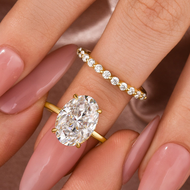 Oval Cut Diamond White Sterling Silver Yellow Gold Halo Wedding Ring Set