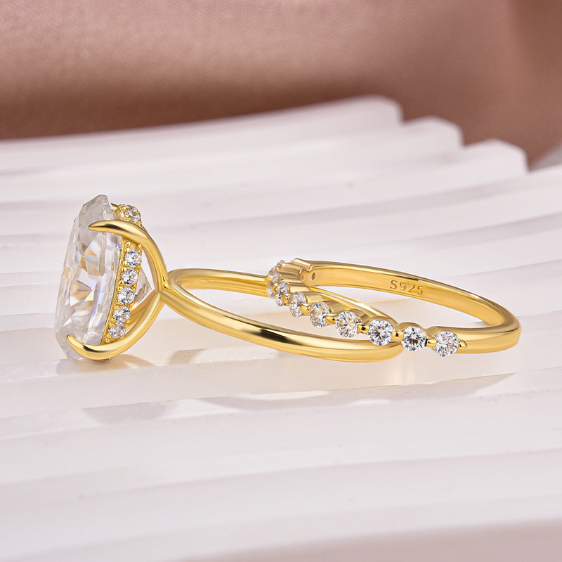 Oval Cut Diamond White Sterling Silver Yellow Gold Halo Wedding Ring Set